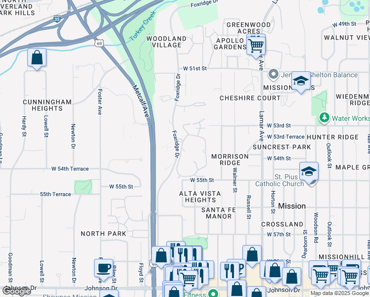 map of restaurants, bars, coffee shops, grocery stores, and more near 5401 Foxridge Drive in Mission