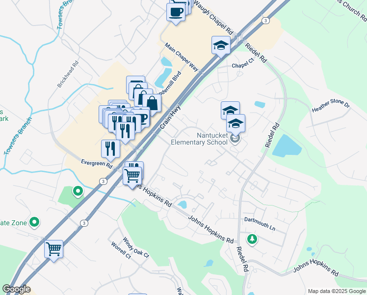 map of restaurants, bars, coffee shops, grocery stores, and more near 1025 Simsbury Court in Crofton