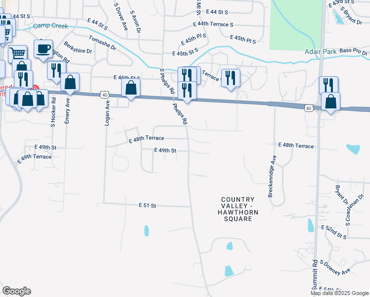 map of restaurants, bars, coffee shops, grocery stores, and more near 15320 East 49th Street in Kansas City