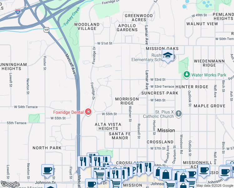 map of restaurants, bars, coffee shops, grocery stores, and more near 5338 Riggs St in Mission