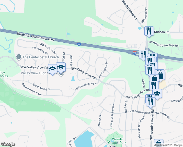 map of restaurants, bars, coffee shops, grocery stores, and more near 4405 NW Valley View Rd in Blue Springs