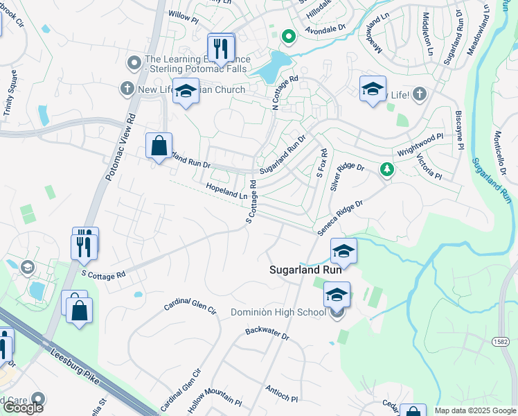 map of restaurants, bars, coffee shops, grocery stores, and more near 166 South Fox Road in Sterling