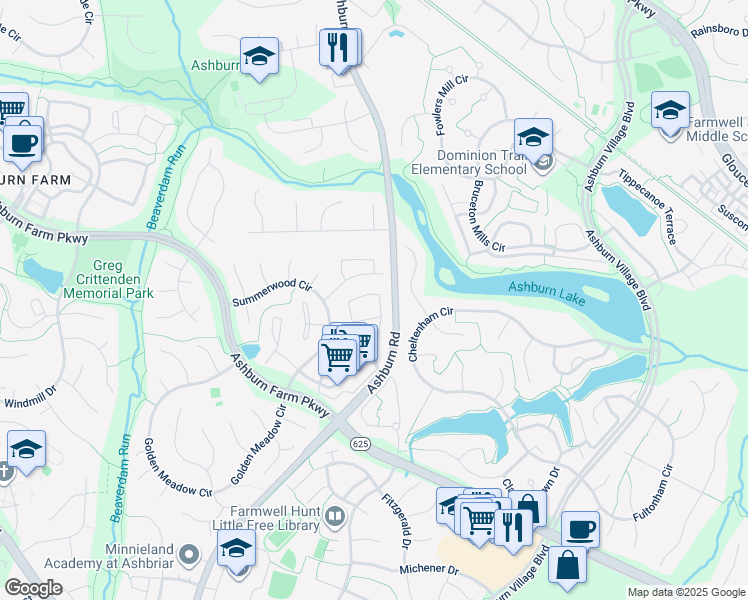 map of restaurants, bars, coffee shops, grocery stores, and more near 21124 Crocus Terrace in Ashburn