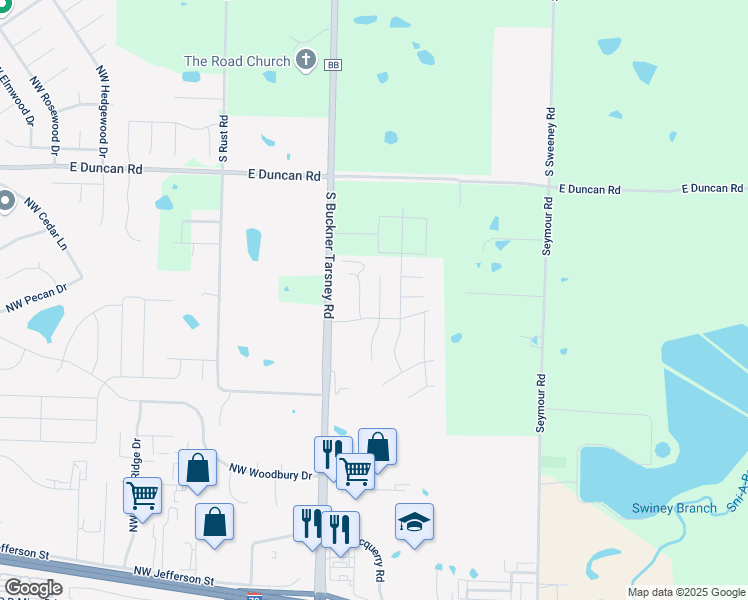 map of restaurants, bars, coffee shops, grocery stores, and more near 1512 Northeast Erin Court in Grain Valley