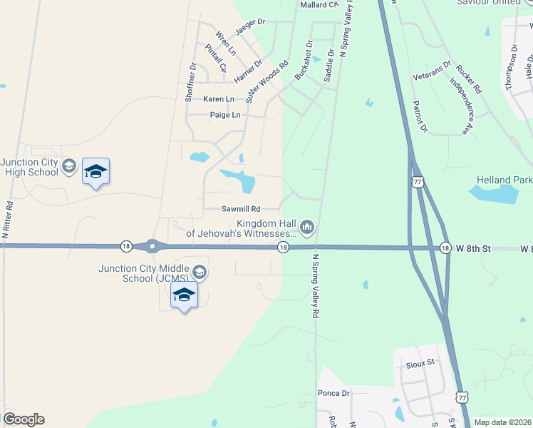 map of restaurants, bars, coffee shops, grocery stores, and more near 2419 Sawmill Road in Junction City