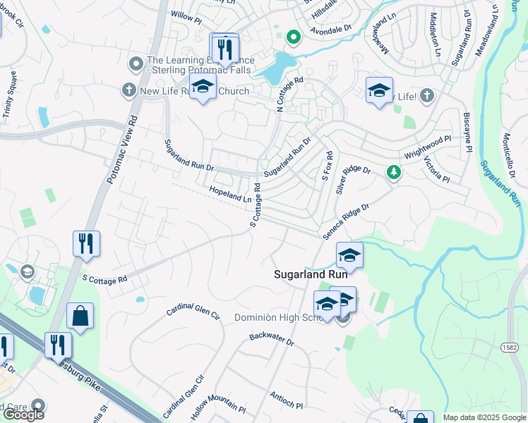 map of restaurants, bars, coffee shops, grocery stores, and more near 166 South Fox Road in Sterling