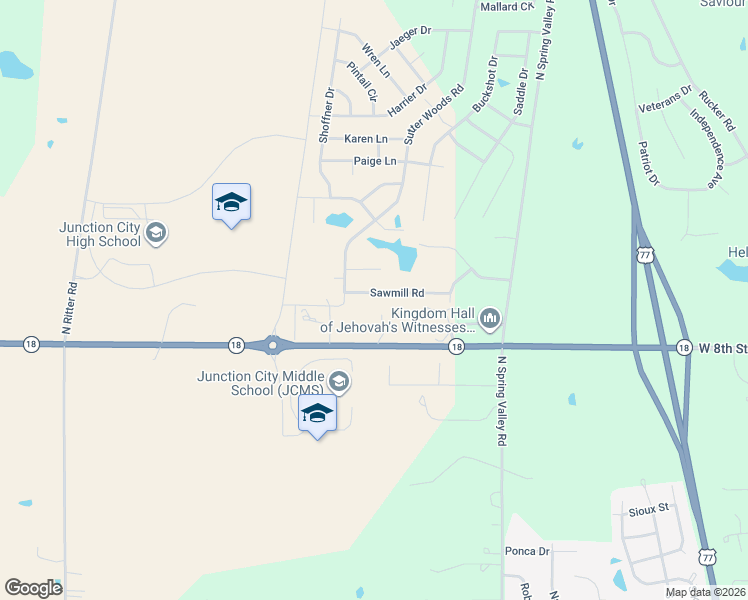 map of restaurants, bars, coffee shops, grocery stores, and more near 2505 Sawmill Road in Junction City