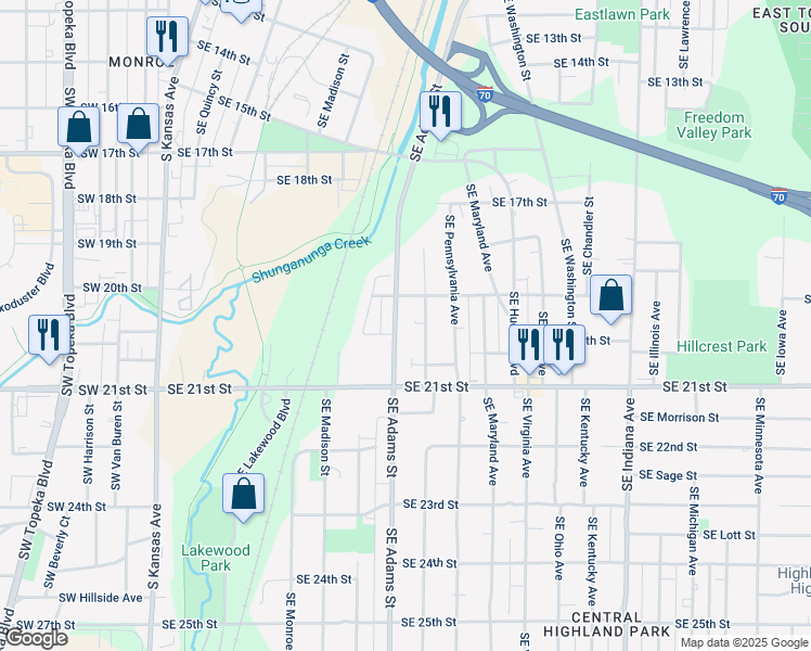 map of restaurants, bars, coffee shops, grocery stores, and more near 1920 Southeast Adams Street in Topeka