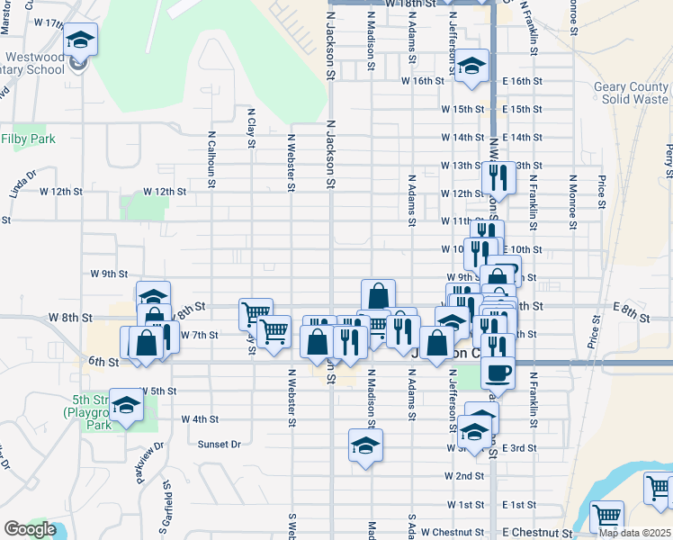 map of restaurants, bars, coffee shops, grocery stores, and more near 440 West 9th Street in Junction City