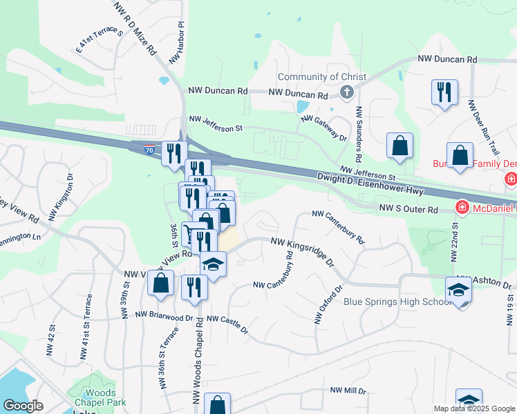 map of restaurants, bars, coffee shops, grocery stores, and more near 400 Candletree Drive in Blue Springs