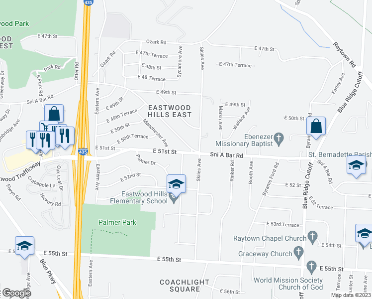 map of restaurants, bars, coffee shops, grocery stores, and more near 7729 Sni a Bar Road in Kansas City