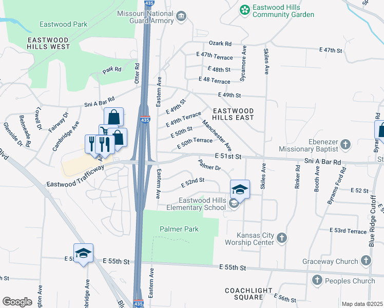 map of restaurants, bars, coffee shops, grocery stores, and more near 7676 Eastwood Trafficway in Kansas City