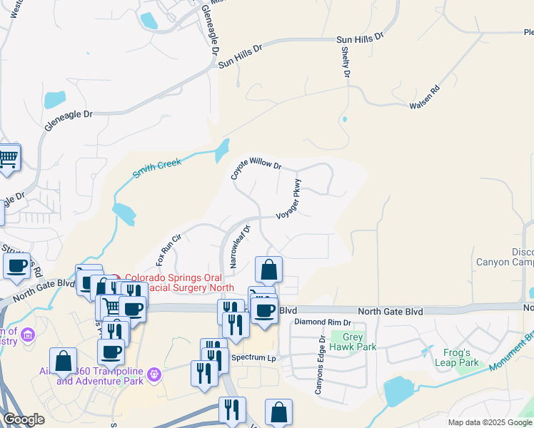 map of restaurants, bars, coffee shops, grocery stores, and more near 13771 Voyager Parkway in Colorado Springs