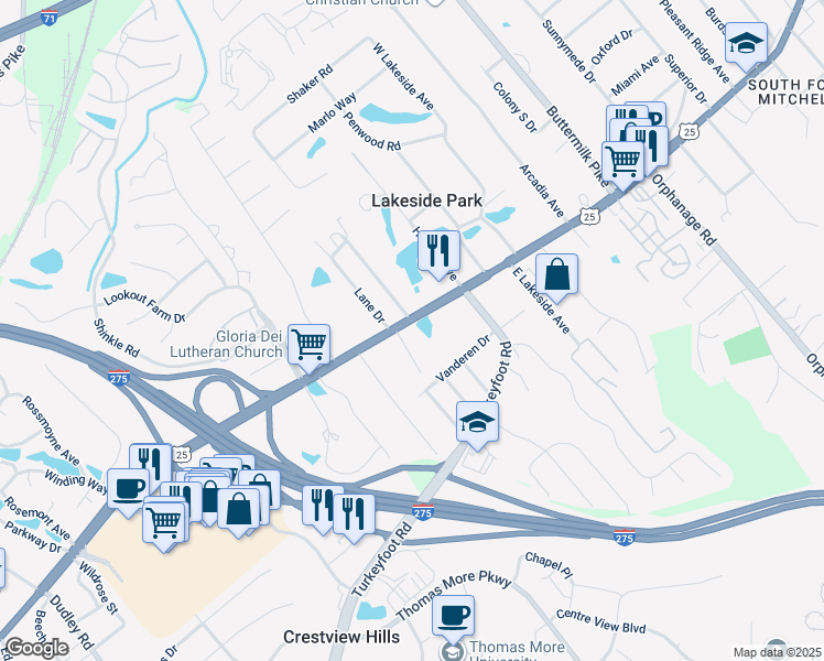 map of restaurants, bars, coffee shops, grocery stores, and more near 2677 Dixie Highway in Lakeside Park