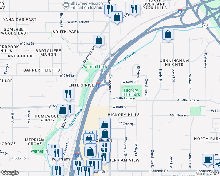map of restaurants, bars, coffee shops, grocery stores, and more near 5401 Antioch Road in Mission