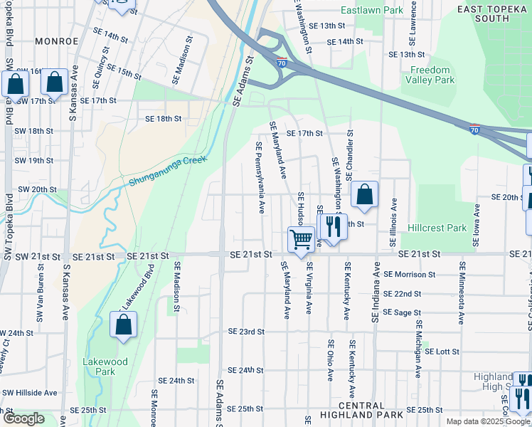 map of restaurants, bars, coffee shops, grocery stores, and more near 1924 Southeast Pennsylvania Avenue in Topeka