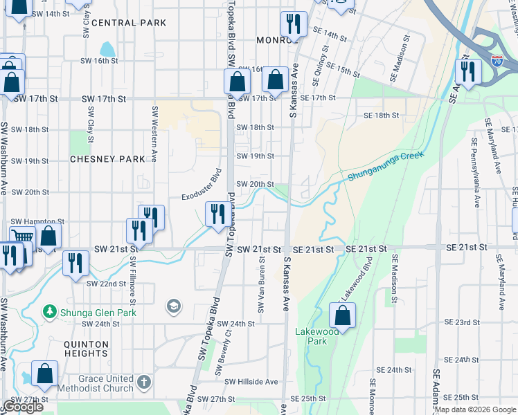 map of restaurants, bars, coffee shops, grocery stores, and more near 122 Southwest Hampton Street in Topeka