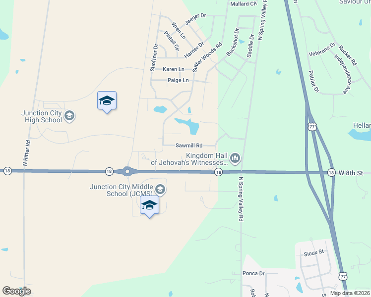 map of restaurants, bars, coffee shops, grocery stores, and more near 2505 Sawmill Road in Junction City