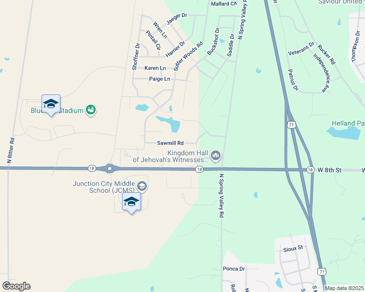 map of restaurants, bars, coffee shops, grocery stores, and more near 2419 Sawmill Road in Junction City