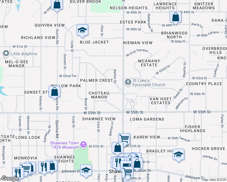 map of restaurants, bars, coffee shops, grocery stores, and more near 11202 West 54th Street in Shawnee