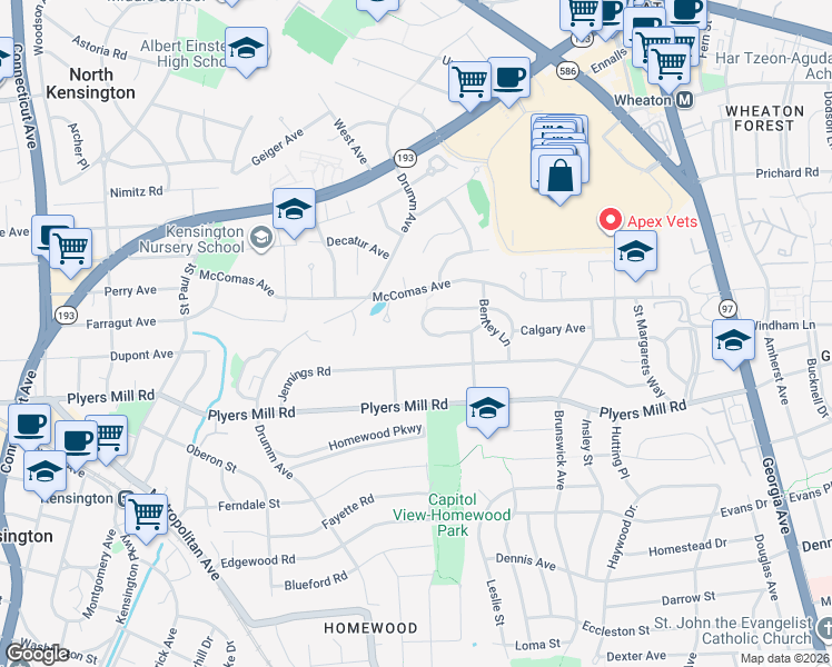 map of restaurants, bars, coffee shops, grocery stores, and more near 2820 Jutland Road in Kensington