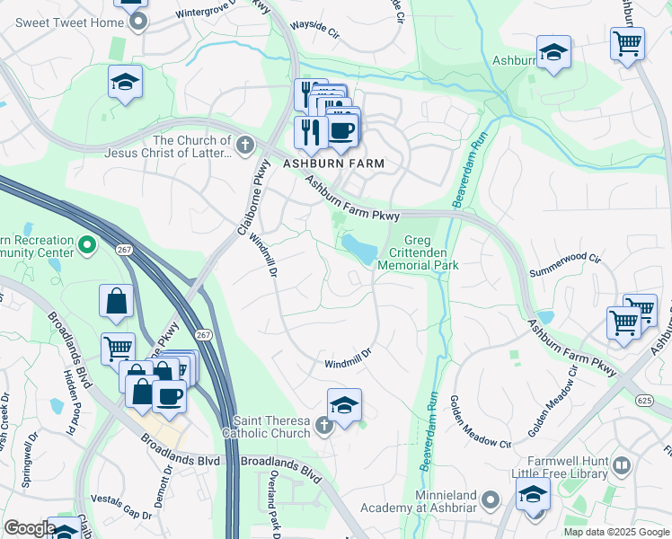 map of restaurants, bars, coffee shops, grocery stores, and more near 43384 Livery Square in Ashburn