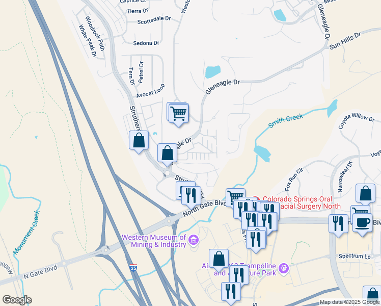 map of restaurants, bars, coffee shops, grocery stores, and more near 226 Luxury Lane in Colorado Springs