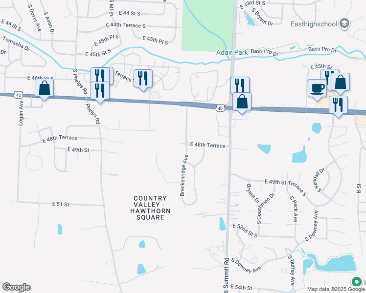 map of restaurants, bars, coffee shops, grocery stores, and more near 11 East 48th Terrace in Kansas City