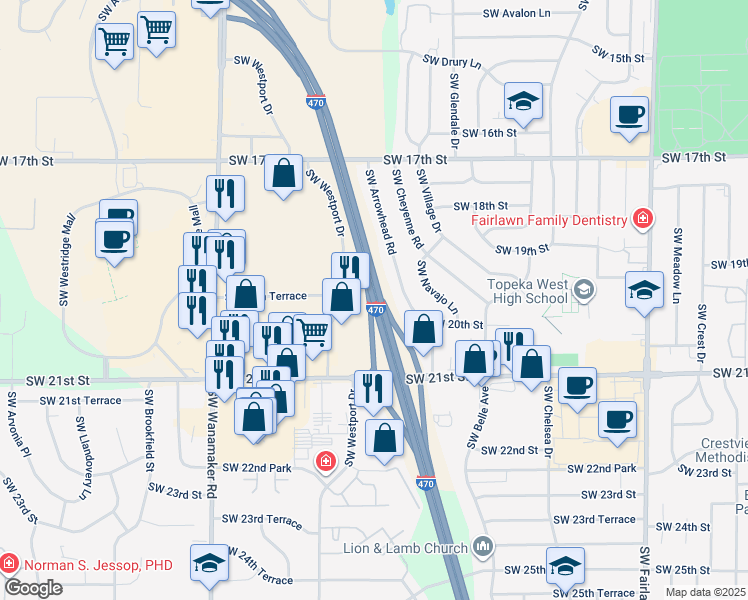 map of restaurants, bars, coffee shops, grocery stores, and more near Interstate 470 in Topeka