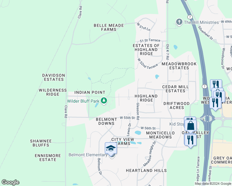 map of restaurants, bars, coffee shops, grocery stores, and more near 5326 McCormick Drive in Shawnee