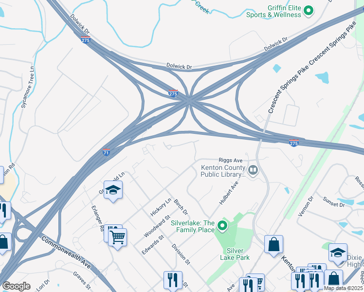 map of restaurants, bars, coffee shops, grocery stores, and more near 132 Eagle Ridge Drive in Erlanger