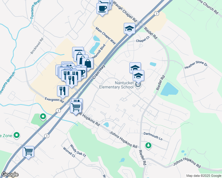 map of restaurants, bars, coffee shops, grocery stores, and more near 2402 Wentworth Drive in Crofton