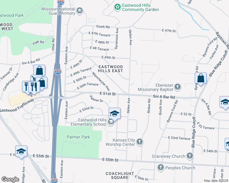 map of restaurants, bars, coffee shops, grocery stores, and more near 7908 East 51 Street in Kansas City