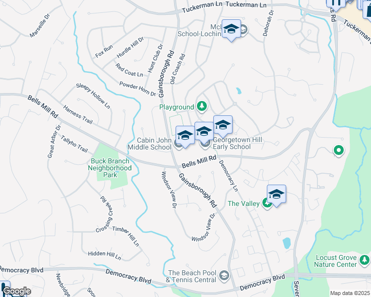 map of restaurants, bars, coffee shops, grocery stores, and more near 10701 Gainsborough Road in Potomac