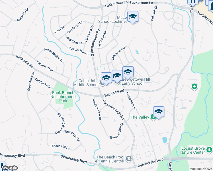 map of restaurants, bars, coffee shops, grocery stores, and more near 10701 Gainsborough Road in Potomac