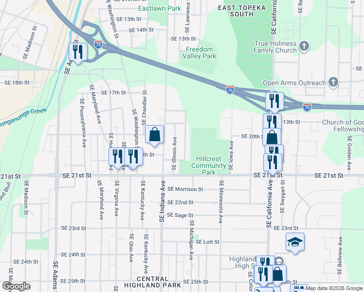 map of restaurants, bars, coffee shops, grocery stores, and more near 1917 Southeast Michigan Avenue in Topeka