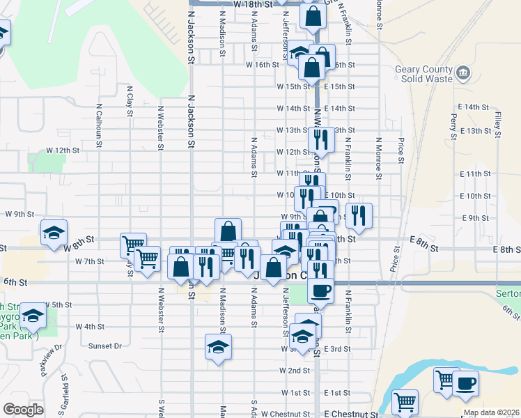 map of restaurants, bars, coffee shops, grocery stores, and more near 224 West 9th Street in Junction City