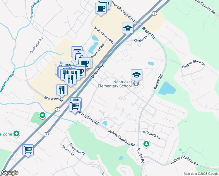 map of restaurants, bars, coffee shops, grocery stores, and more near 2402 Wentworth Drive in Crofton