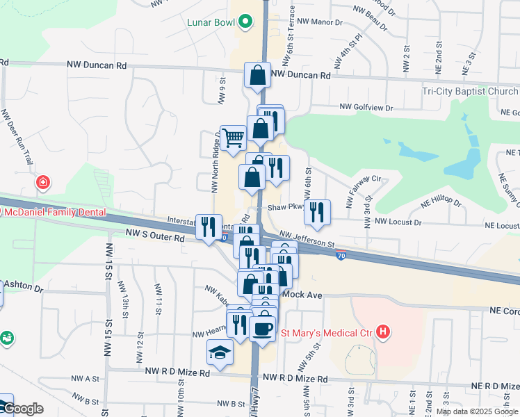 map of restaurants, bars, coffee shops, grocery stores, and more near 1119-1199 Northwest Highway 7 in Blue Springs