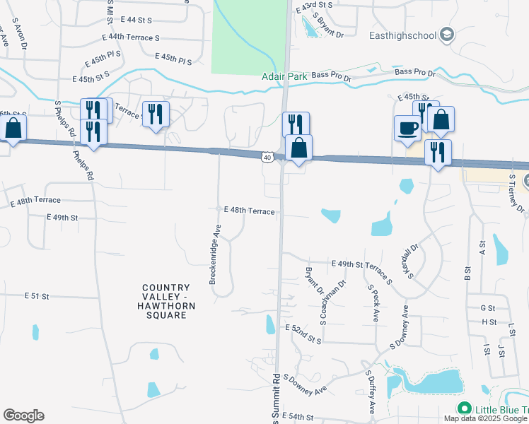 map of restaurants, bars, coffee shops, grocery stores, and more near 16301 East 48th Terrace in Kansas City