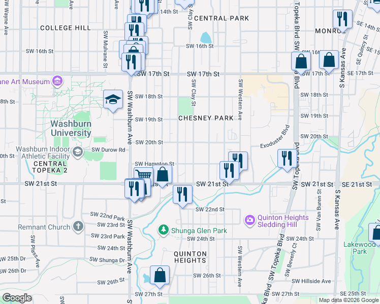 map of restaurants, bars, coffee shops, grocery stores, and more near 2024 Southwest Buchanan Street in Topeka