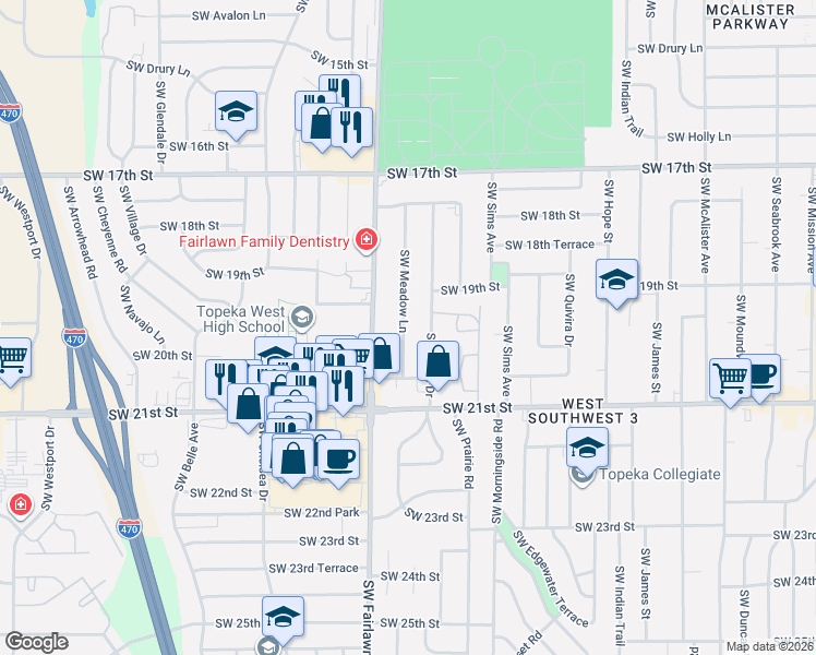 map of restaurants, bars, coffee shops, grocery stores, and more near 1932 Southwest Meadow Lane in Topeka