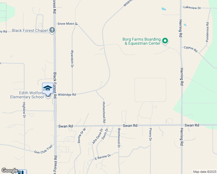 map of restaurants, bars, coffee shops, grocery stores, and more near 7035 Wildridge Road in Colorado Springs