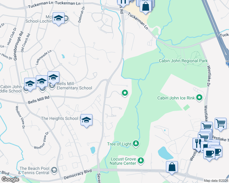 map of restaurants, bars, coffee shops, grocery stores, and more near 7755 Scotland Drive in Potomac