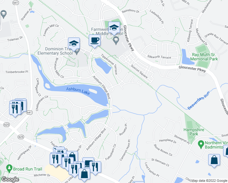 map of restaurants, bars, coffee shops, grocery stores, and more near 21122 Adirondack Terrace in Ashburn