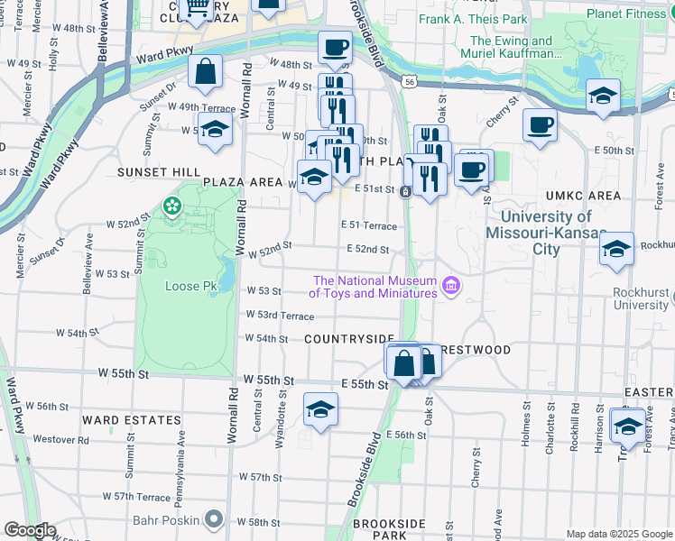 map of restaurants, bars, coffee shops, grocery stores, and more near Main Street in Kansas City