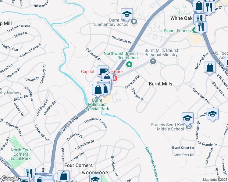 map of restaurants, bars, coffee shops, grocery stores, and more near 10701 Venetia Mill Circle in Silver Spring