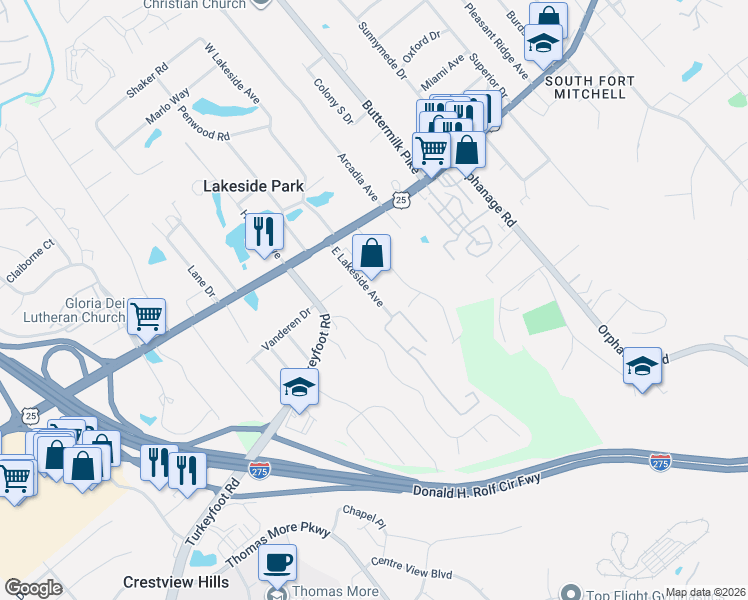 map of restaurants, bars, coffee shops, grocery stores, and more near 39 East Lakeside Avenue in Lakeside Park