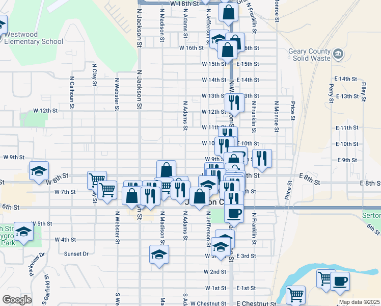 map of restaurants, bars, coffee shops, grocery stores, and more near 236 West 9th Street in Junction City