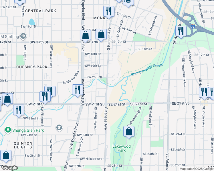 map of restaurants, bars, coffee shops, grocery stores, and more near 2034 South Kansas Avenue in Topeka